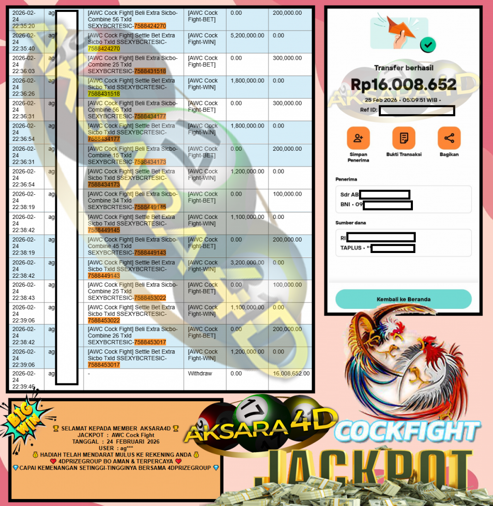 AKSARA4D JACKPOT AWC Cock Fight Rp16.008.652,- LUNAS