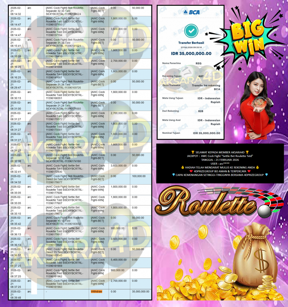 AKSARA4D JACKPOT AWC Cock Fight “Settle Bet Roulette TxId” Rp35.000.000,- LUNAS