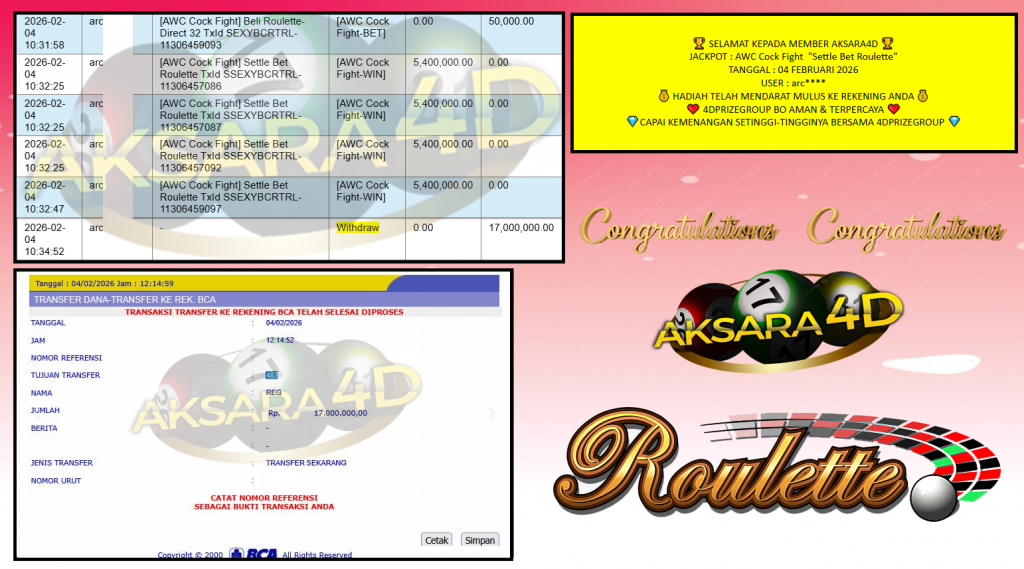 AKSARA4D JACKPOT AWC Cock Fight “Settle Bet Roulette” Rp17.000.000,- LUNAS