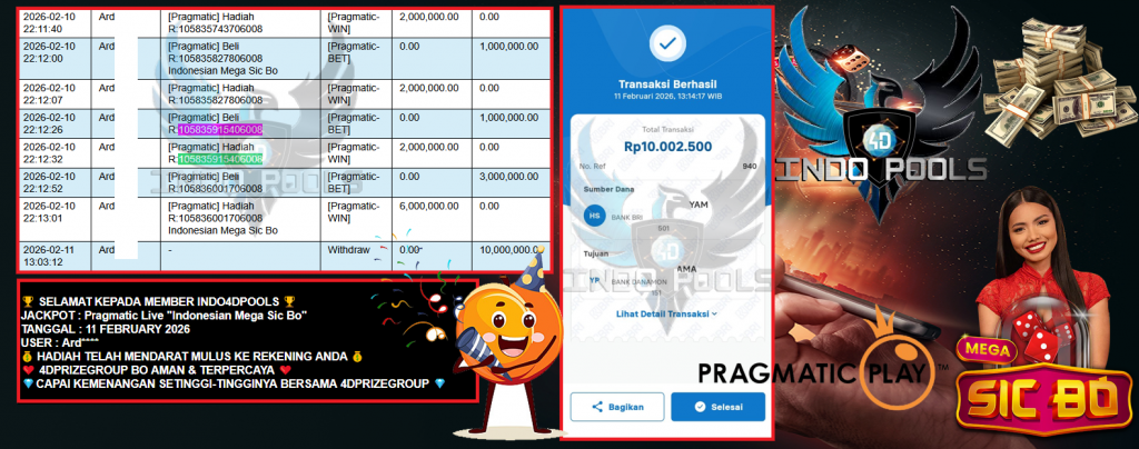 INDO4DPOOLS JACKPOT PRAGMATIC LIVE GAME “Indonesian Mega Sic Bond” ‎‏‏‎Rp 25.000.000,- LUNAS