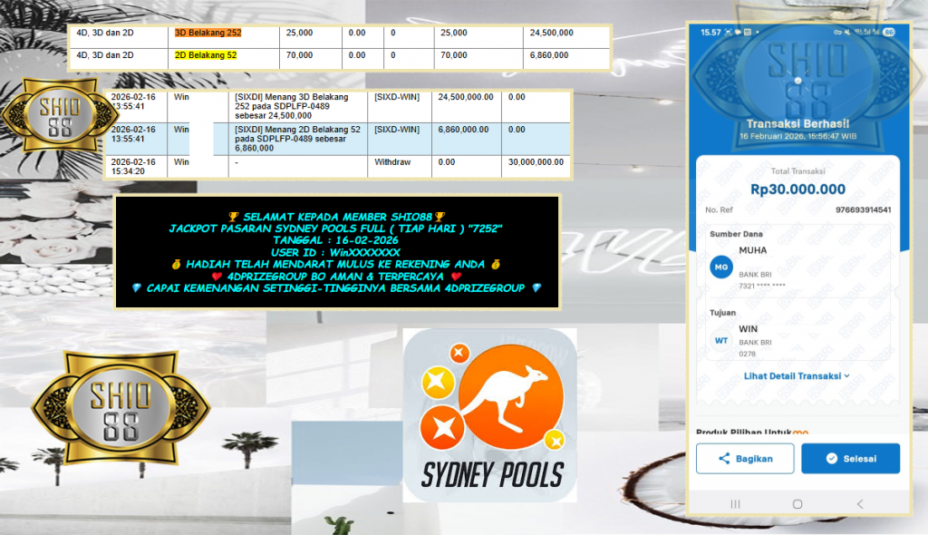 SHIO88 JACKPOT PASARAN ” SYDNEY POOLS FULL ”7252″ ” Rp 30,000.000,- LUNAS