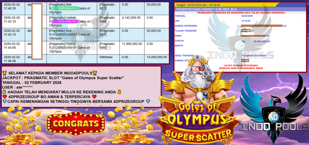INDO4DPOOLS JACKPOT PRAGMATIC SLOT “”Gates of Olympus Super Scatter”” Rp15,000.000,- LUNAS