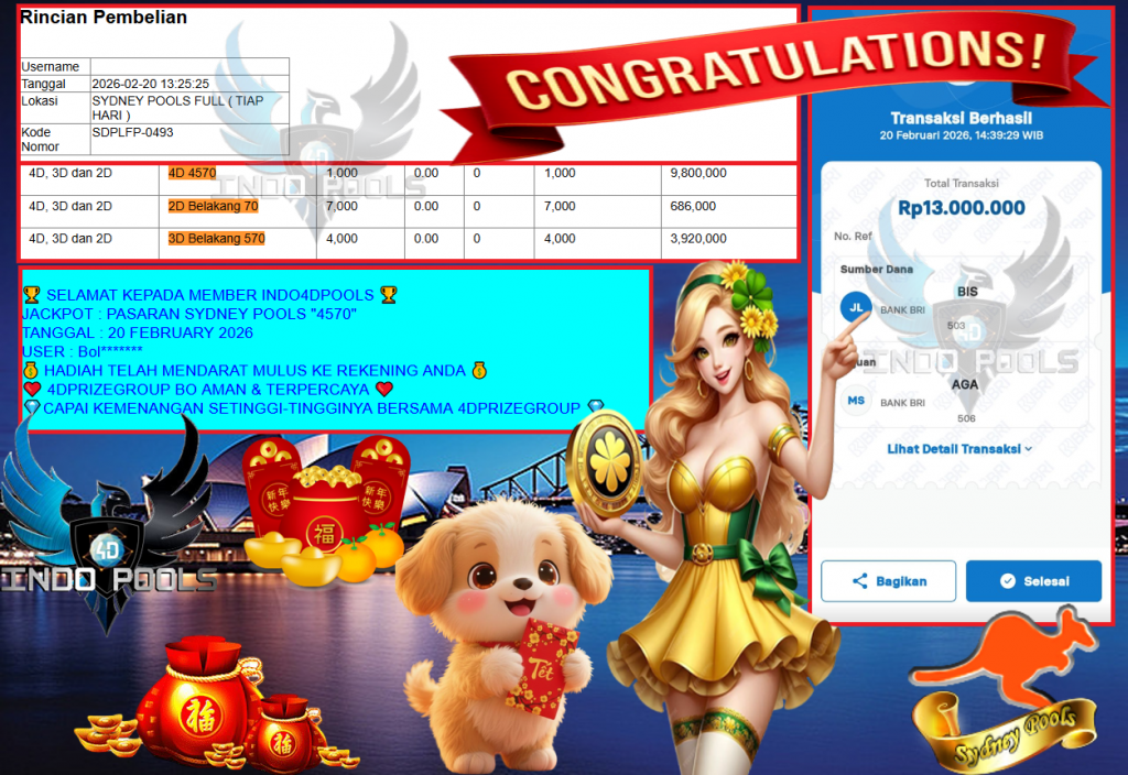 INDO4DPOOLS JACKPOT PASARAN SYDNEY POOLS “4570” Rp13.000.000,- LUNAS