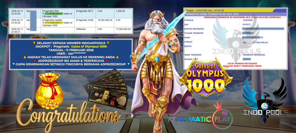 INDO4DPOOLS JACKPOT PRAGMATIC SLOT ” Gates of Olympus 1000 ” Rp 17.000.000,- LUNAS