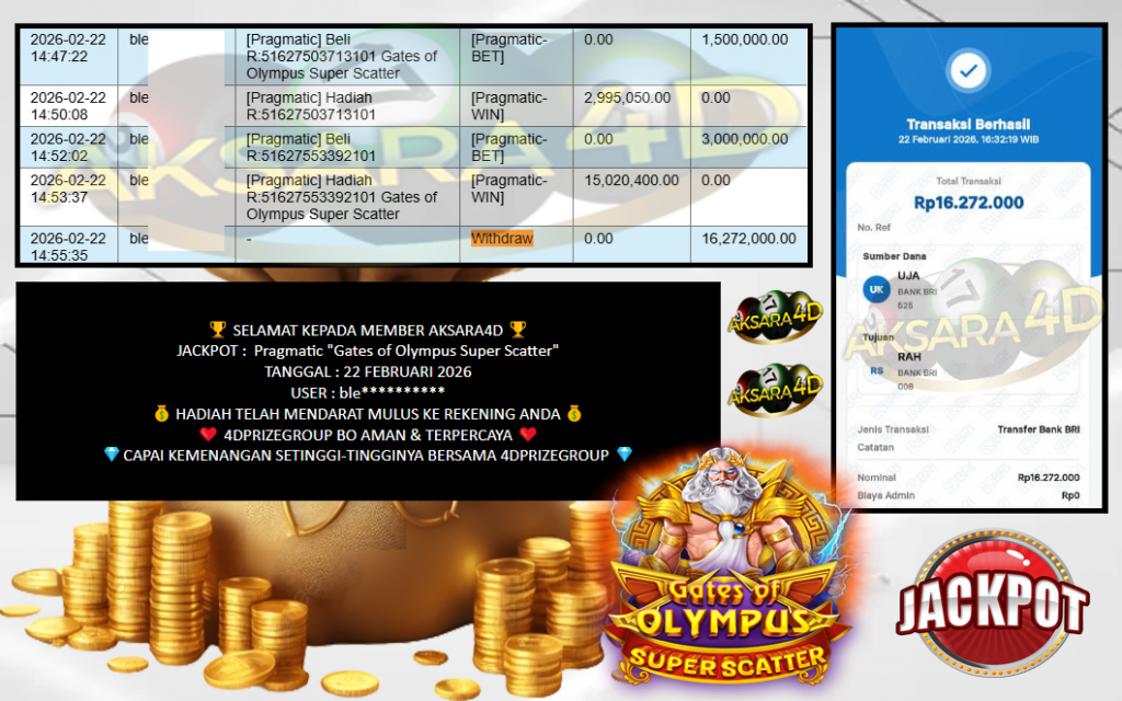 AKSARA4D JACKPOT PRAGMATIC “Gates of Olympus Super Scatter”‎‏‏‎‎ Rp16.272.000,- LUNAS