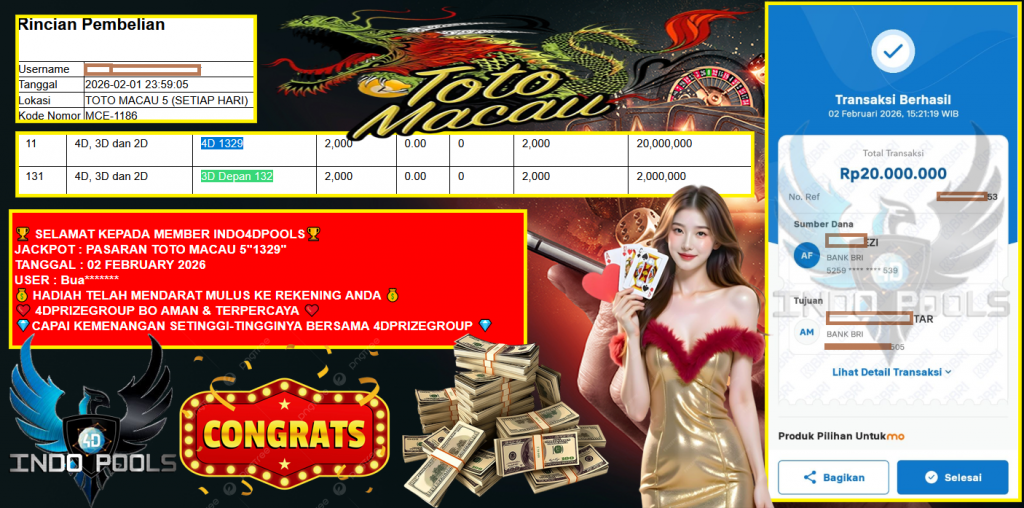 INDO4DPOOLS JACKPOT PASARAN TOTO MACAU 5″1329″ ‎‎‏‏‎‎‏‏Rp 20.000.000,- LUNAS