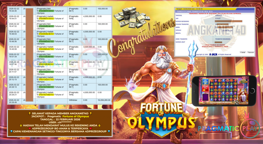 ANGKANET4D JACKPOT PRAGMATIC SLOT ” Fortune of Olympus ” Rp 16.058.285 ,- LUNAS