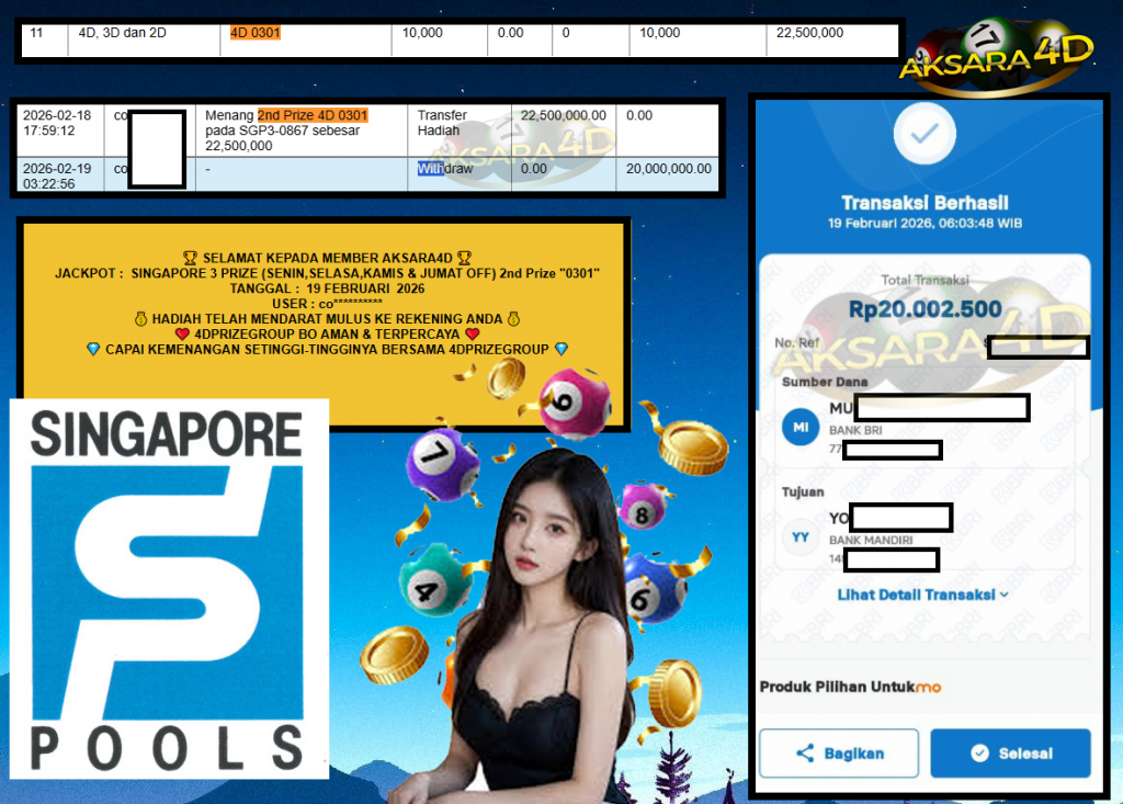 AKSARA4D JACKPOT PASARAN SINGAPORE 3 PRIZE (SENIN,SELASA,KAMIS & JUMAT OFF) 2nd Prize “0301”‎‏‏‎ Rp20.000.000,- LUNAS