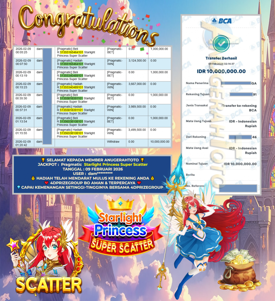 ANUGERAHTOTO JACKPOT PRAGMATIC SLOT ” Starlight Princess Super Scatter ” Rp 10.000.000,- LUNAS