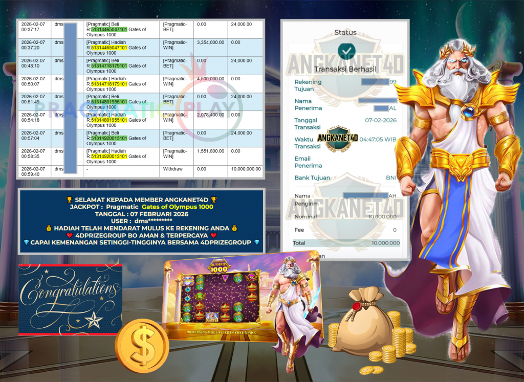 ANGKANET4D JACKPOT PRAGMATIC SLOT ” Gates of Olympus 1000 ” Rp 10.000.000,- LUNAS