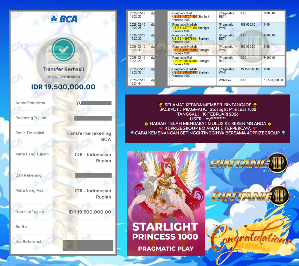 BINTANG4DP JACKPOT PRAGMATIC “Starlight Princess 1000” Rp 19,500.000,- LUNAS