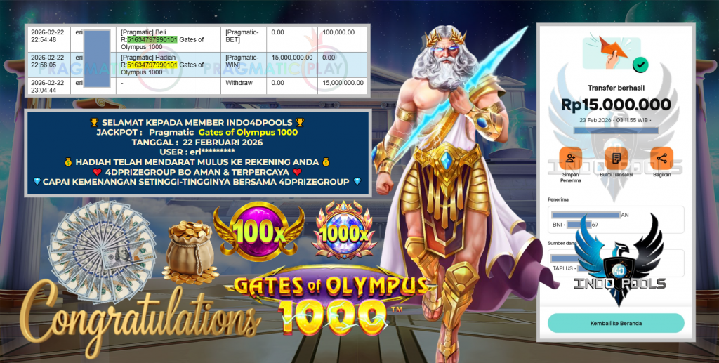 INDO4DPOOLS JACKPOT PRAGMATIC SLOT ” Gates of Olympus 1000 ” Rp 15.000.000,- LUNAS