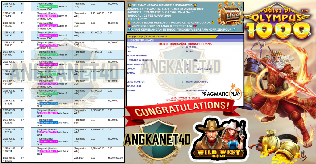 ANGKANET4D JACKPOT PRAGMATIC SLOT ”Gates of Olympus 1000” & ”Wild West Gold’ Rp10,000.000,- LUNAS