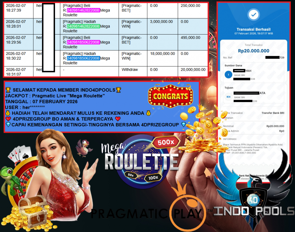 INDO4DPOOLS JACKPOT PRAGMATIC LIVE GAME “Mega Roulette” ‎‏‏‎Rp 20.000.000,- LUNAS