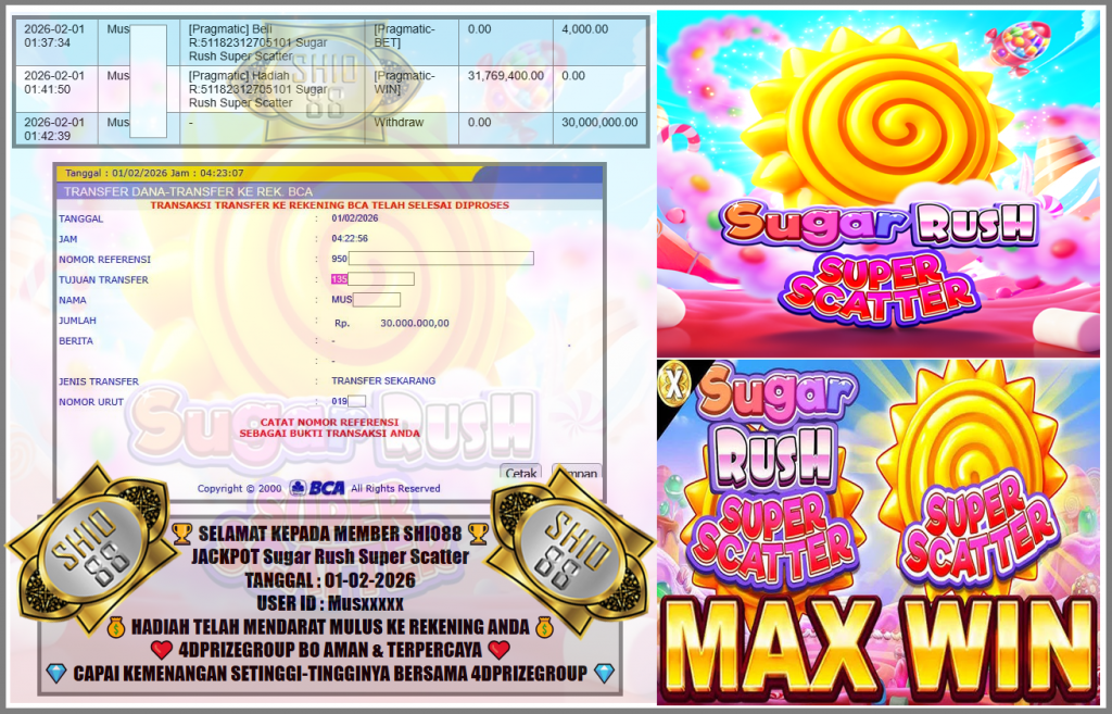 SHIO88 JACKPOT PRAGMATIC SLOT “Sugar Rush Super Scatter”    Rp30.000.000,- LUNAS