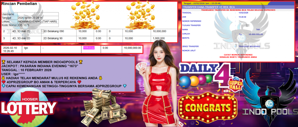 INDO4DPOOLS JACKPOT PASARAN INDIANA EVENING “1673” ‎‎‏‏‎‎‏‏Rp 10.000.000,- LUNAS