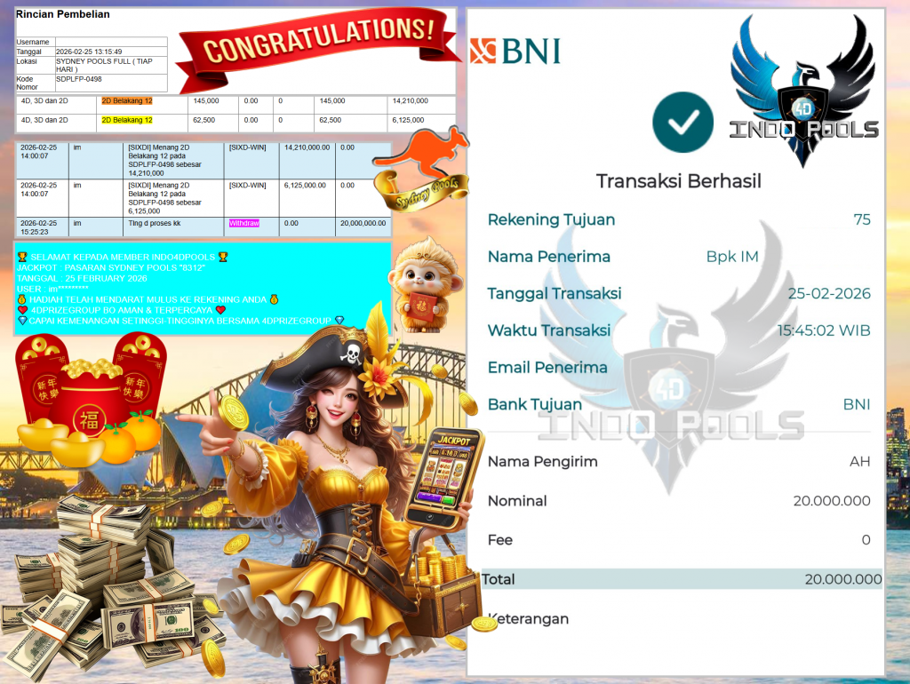INDO4DPOOLS JACKPOT PASARAN SYDNEY POOLS “8312” Rp20.000.000,- LUNAS