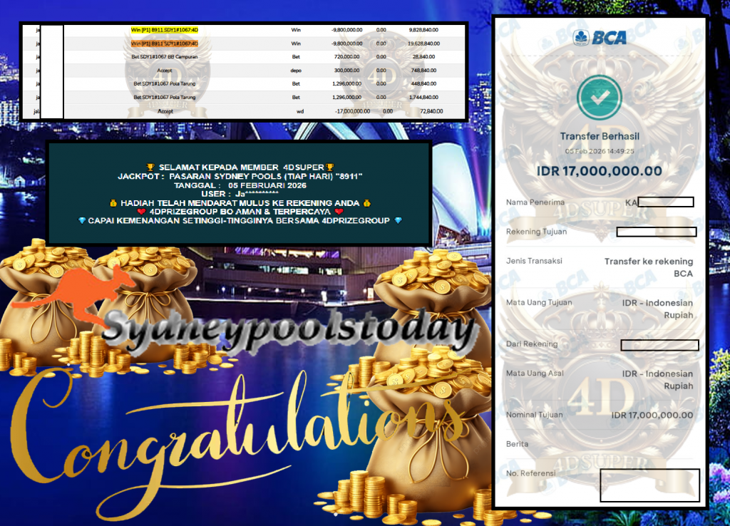 4DSUPER PASARAN “SYDNEY POOLS (TIAP HARI) “8911” Rp 17.000.000,- LUNAS