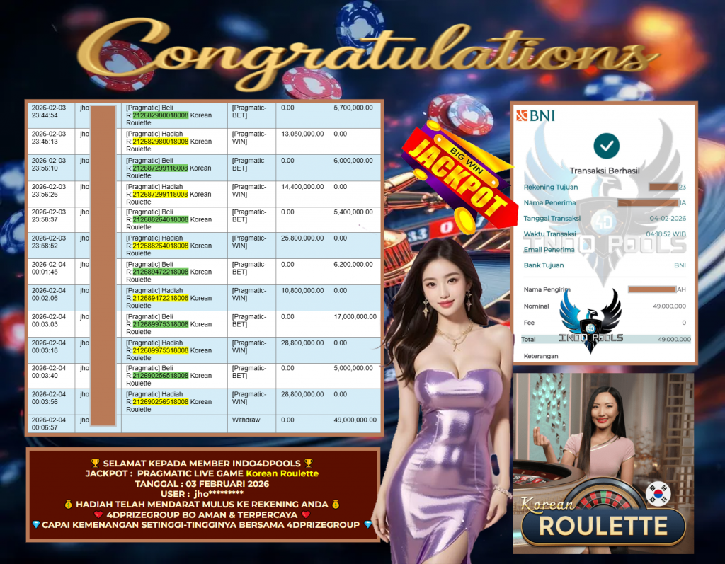 INDO4DPOOLS JACKPOT PRAGMATIC LIVE GAME “Korean Roulette ” ‎‏‏‎Rp 49.000.000,- LUNAS