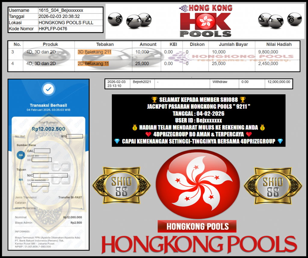 SHIO88 JACKPOT PASARAN HONGKONG POOLS “9211”‎‏‏‎                           Rp12.000.000,- LUNAS