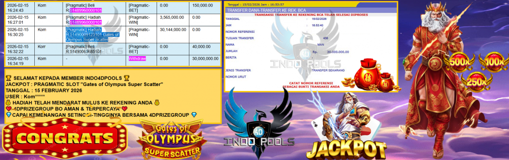 INDO4DPOOLS JACKPOT PRAGMATIC SLOT ”Gates of Olympus Super Scatter” Rp30,000.000,- LUNAS
