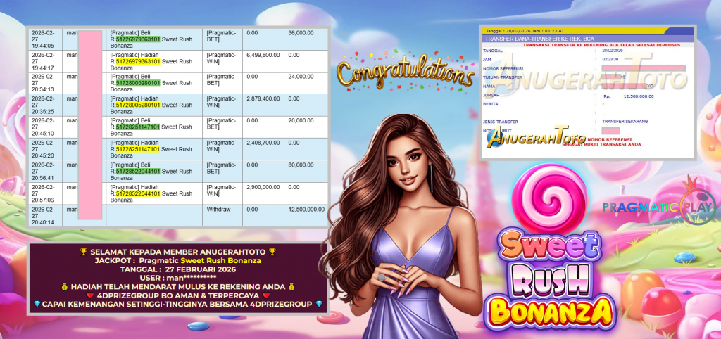 ANUGERAHTOTO JACKPOT PRAGMATIC ” Sweet Rush Bonanza ” Rp 12.500.000 ,- LUNAS