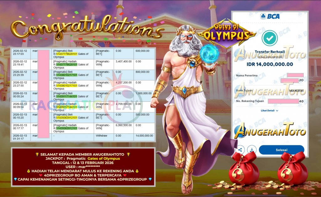 ANUGERAHTOTO JACKPOT PRAGMATIC SLOT ” Gates of Olympus ” Rp 14.000.000,- LUNAS