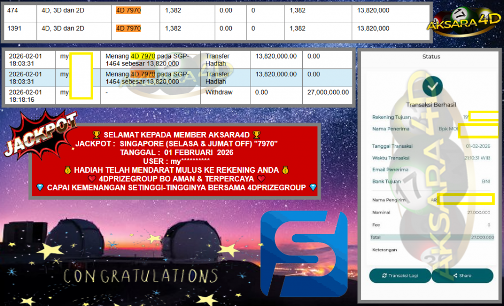 AKSARA4D JACKPOT PASARAN SINGAPORE (SELASA & JUMAT OFF) “7970”‎‏‏‎ Rp27.000.000,- LUNAS