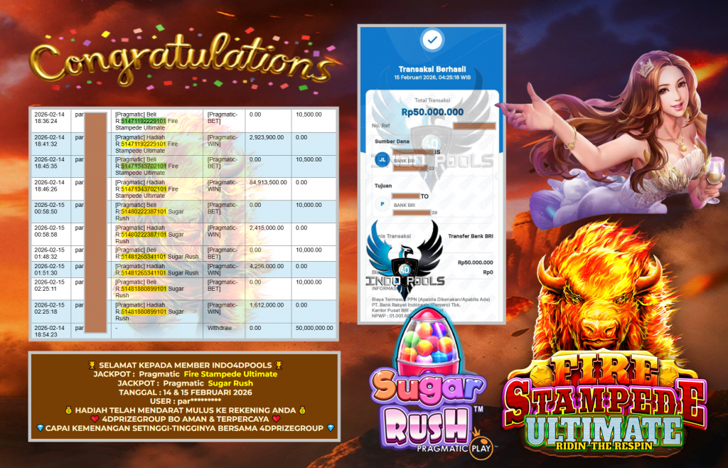 INDO4DPOOLS JACKPOT PRAGMATIC SLOT ” Fire Stampede Ultimate & Sugar Rush ” Rp 90.000.000,- LUNAS