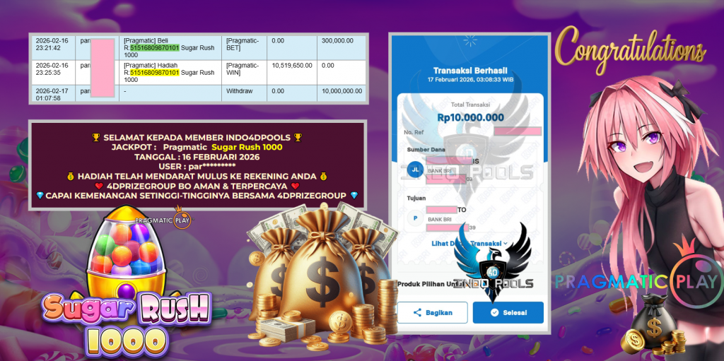 INDO4DPOOLS JACKPOT PRAGMATIC SLOT ” Pragmatic Sugar Rush 1000 ” Rp 10.000.000,- LUNAS