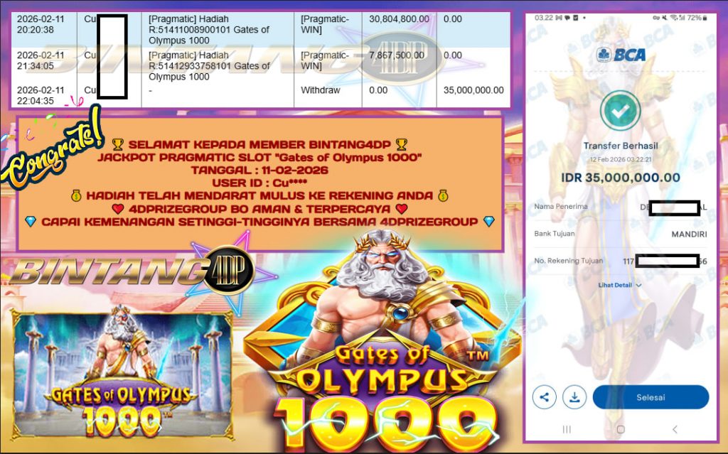 BINTANG4DP JACKPOT PRAGMATIC SLOT “Gates of Olympus 1000” Rp 35.000.000,- LUNAS
