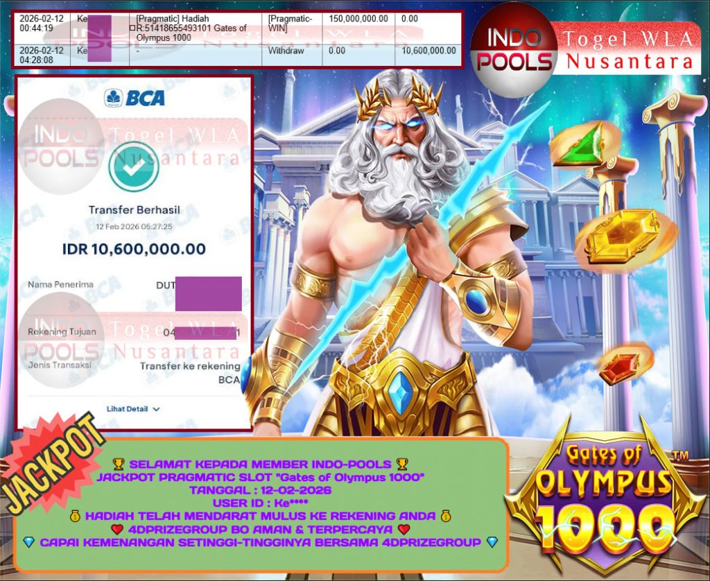 INDO-POOLS JACKPOT PRAGMATIC SLOT “Gates of Olympus 1000” Rp 10.600.000,- LUNAS