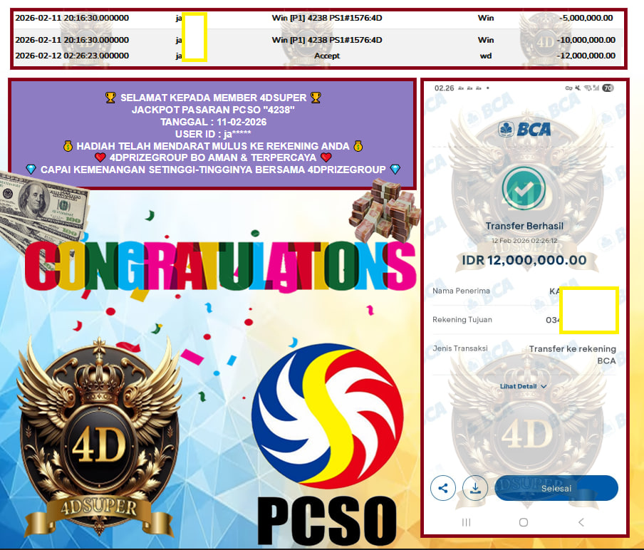 4DSUPER JACKPOT PASARAN PCSO “4238” ‎‎‏‏‎Rp 12.000.000,- LUNAS