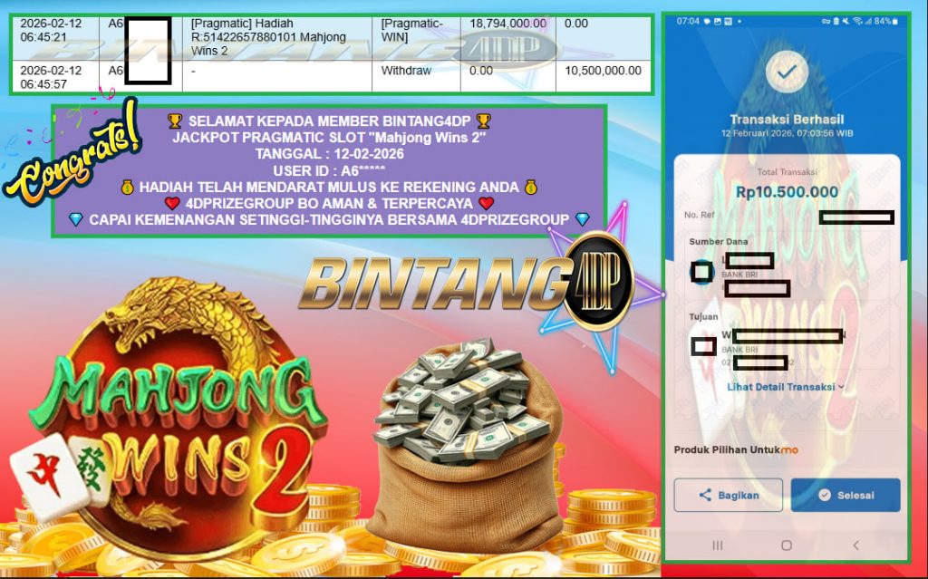 BINTANG4DP JACKPOT PRAGMATIC SLOT “Mahjong Wins 2” Rp 10.500.000,- LUNAS