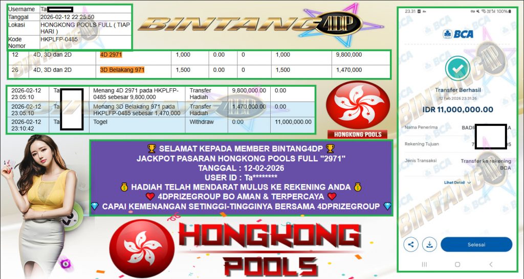 BINTANG4DP JACKPOT PASARAN HONGKONG POOLS FULL “2971” Rp 11.000.000,- LUNAS