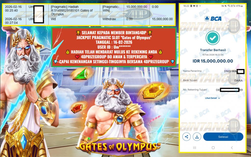 BINTANG4DP JACKPOT PRAGMATIC SLOT “Gates of Olympus” Rp 15.000.000,- LUNAS