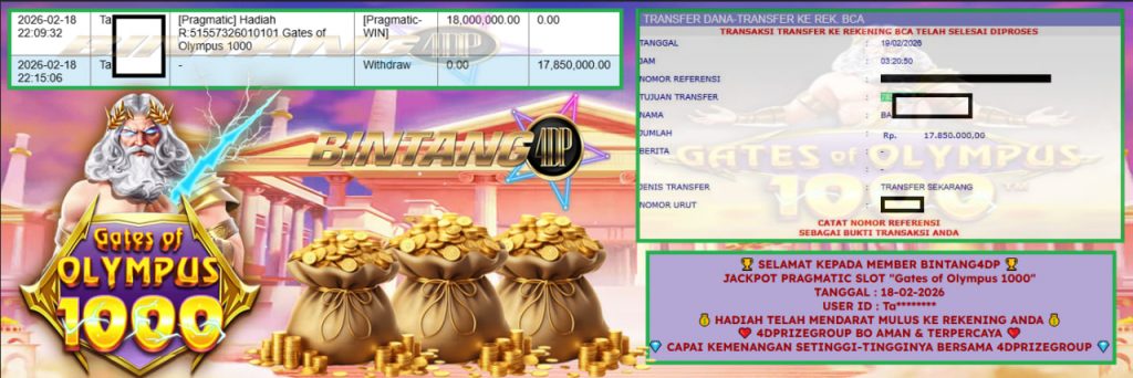 BINTANG4DP JACKPOT PRAGMATIC SLOT “Gates of Olympus 1000” Rp 17.850.000,- LUNAS