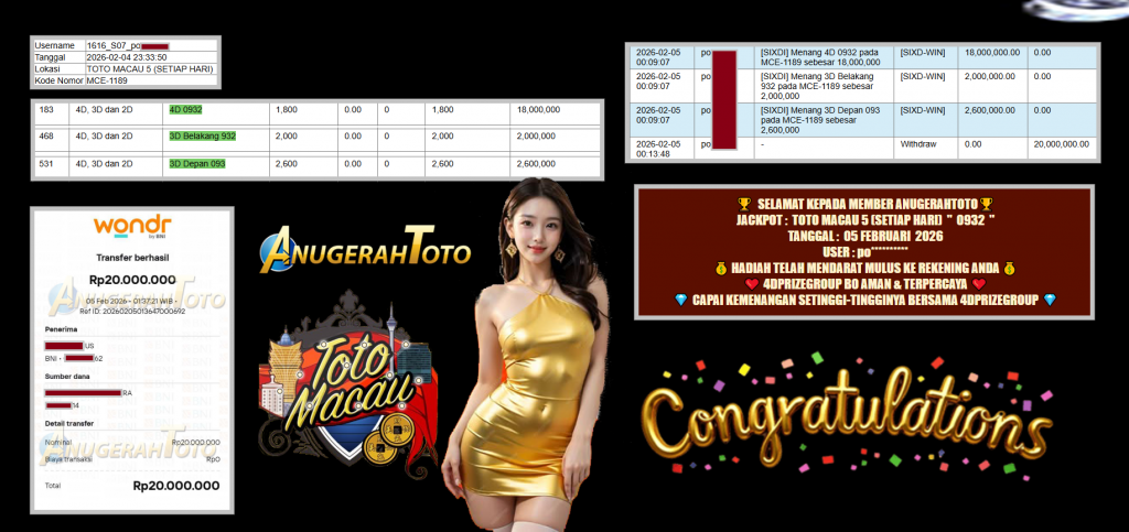 ANUGERAHTOTO JACKPOT PASARAN TOTO MACAU 5 (SETIAP HARI) ” 0932 ” Rp 20.000.000,- LUNAS
