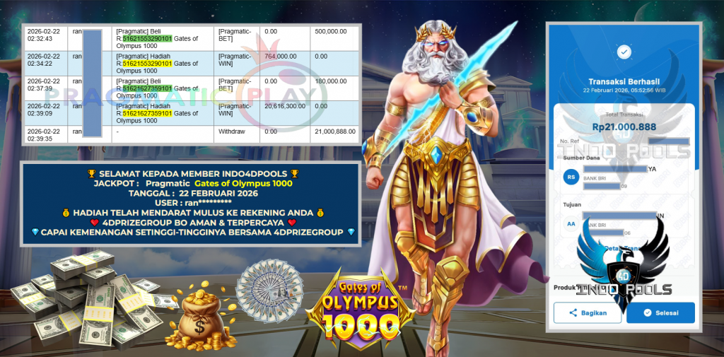 INDO4DPOOLS JACKPOT PRAGMATIC SLOT ” Gates of Olympus 1000 ” Rp 21.000.888,- LUNAS