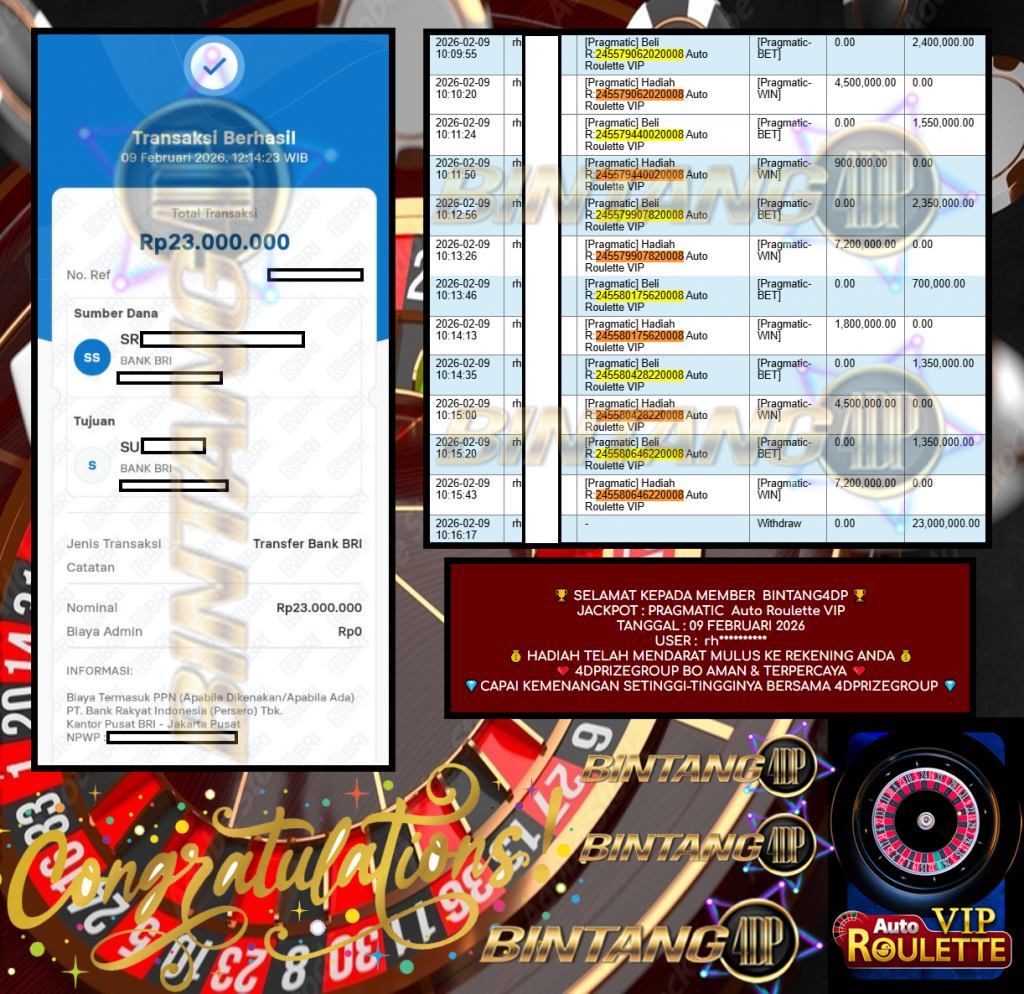 BINTANG4DP PRAGMATIC “Auto Roulette VIP” Rp 23,000.000,- LUNAS