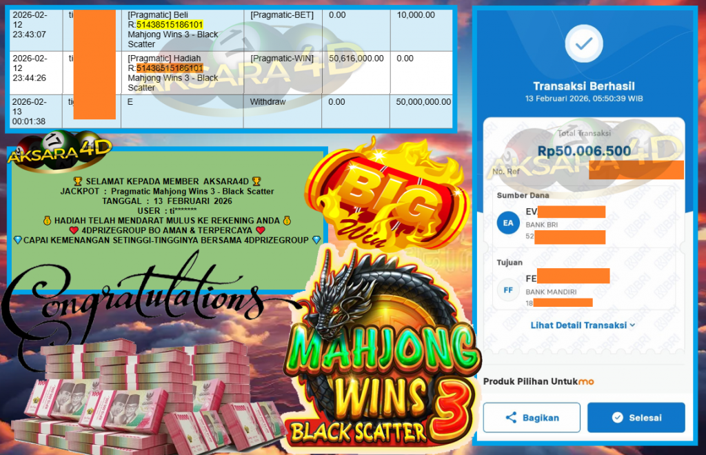 AKSARA4D JACKPOT PRAGMATIC SLOT “Mahjong Wins 3 – Black Scatter”‎‏‏‎‎ Rp50.000.000,- LUNAS