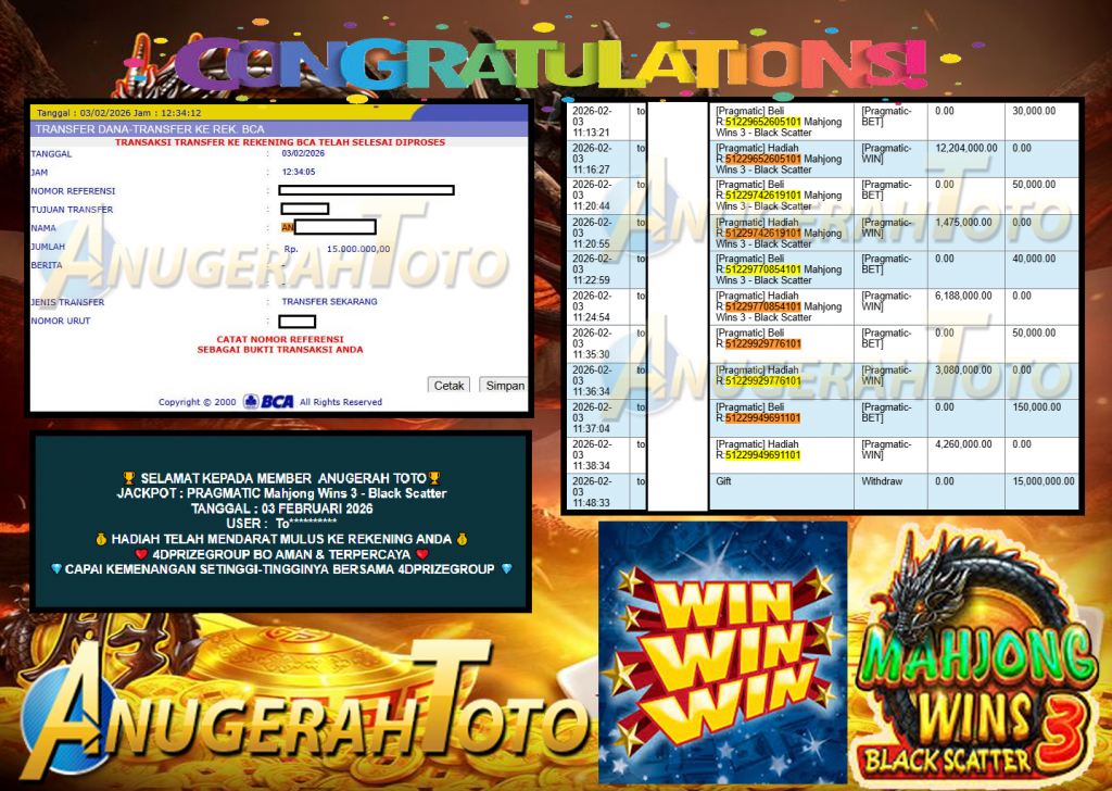 ANUGERAH TOTO PRAGMATIC “Mahjong Wins 3 – Black Scatter”‎‏‏‎‎ Rp 15.000.000,- LUNAS