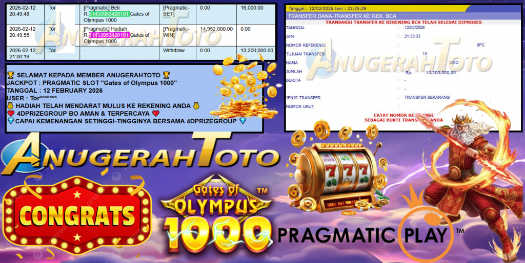 ANUGERAHTOTO JACKPOT PRAGMATIC SLOT ”Gates of Olympus 1000” Rp13,200.000,- LUNAS