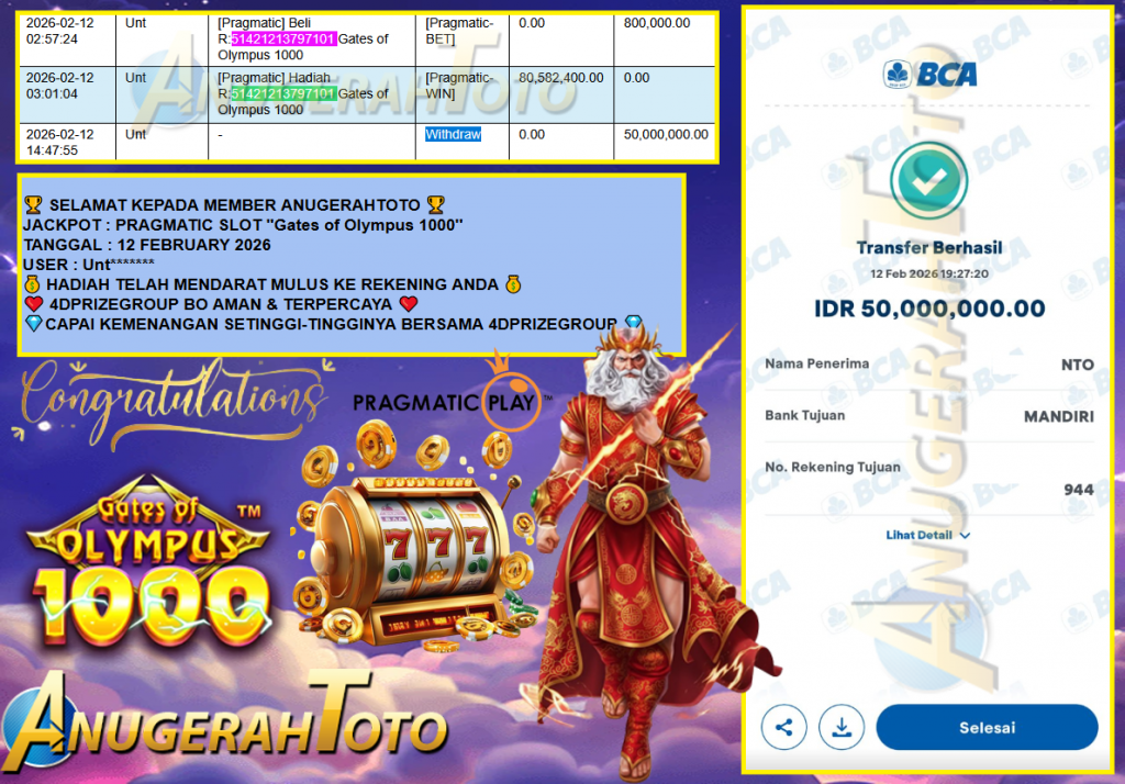 ANUGERAHTOTO JACKPOT PRAGMATIC SLOT ”Gates of Olympus 1000” Rp50,000.000,- LUNAS