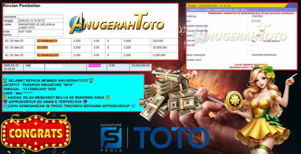 ANUGERAHTOTO JACKPOT PASARAN SINGAPORE “0819” Rp 35.000.000,- LUNAS