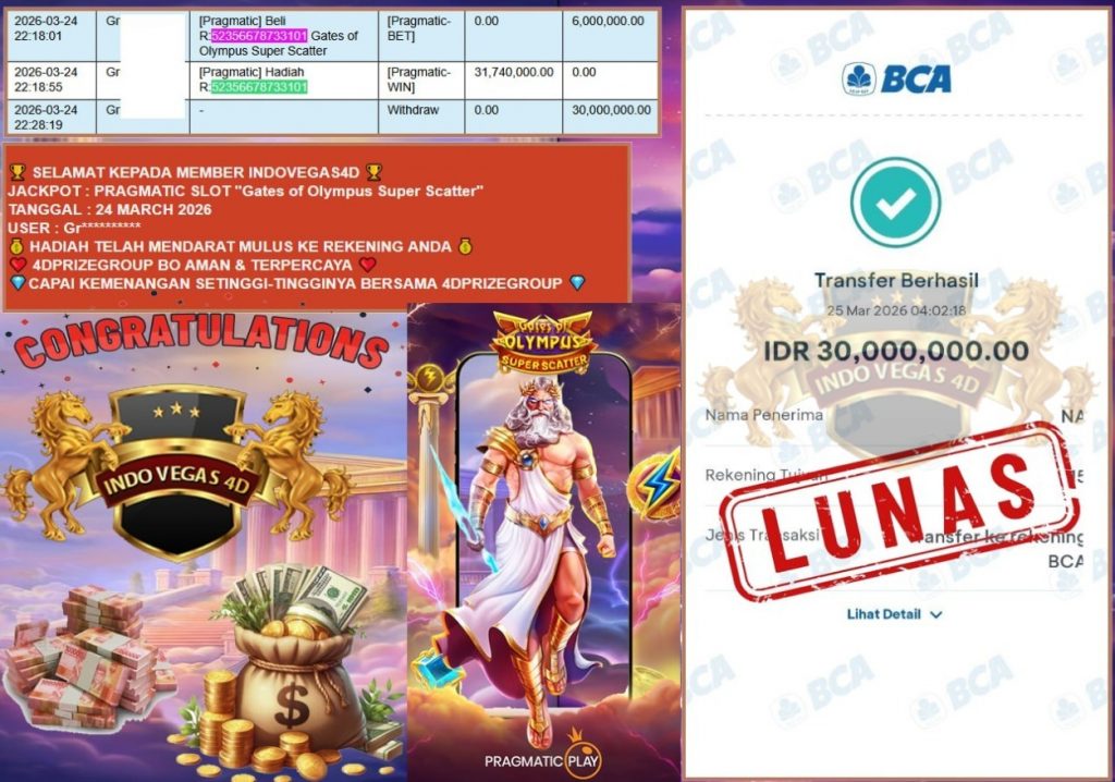 INDOVEGAS4D JACKPOT PRAGMATIC SLOT “Gates of Olympus Super Scatter” Rp30.000.000,- LUNAS