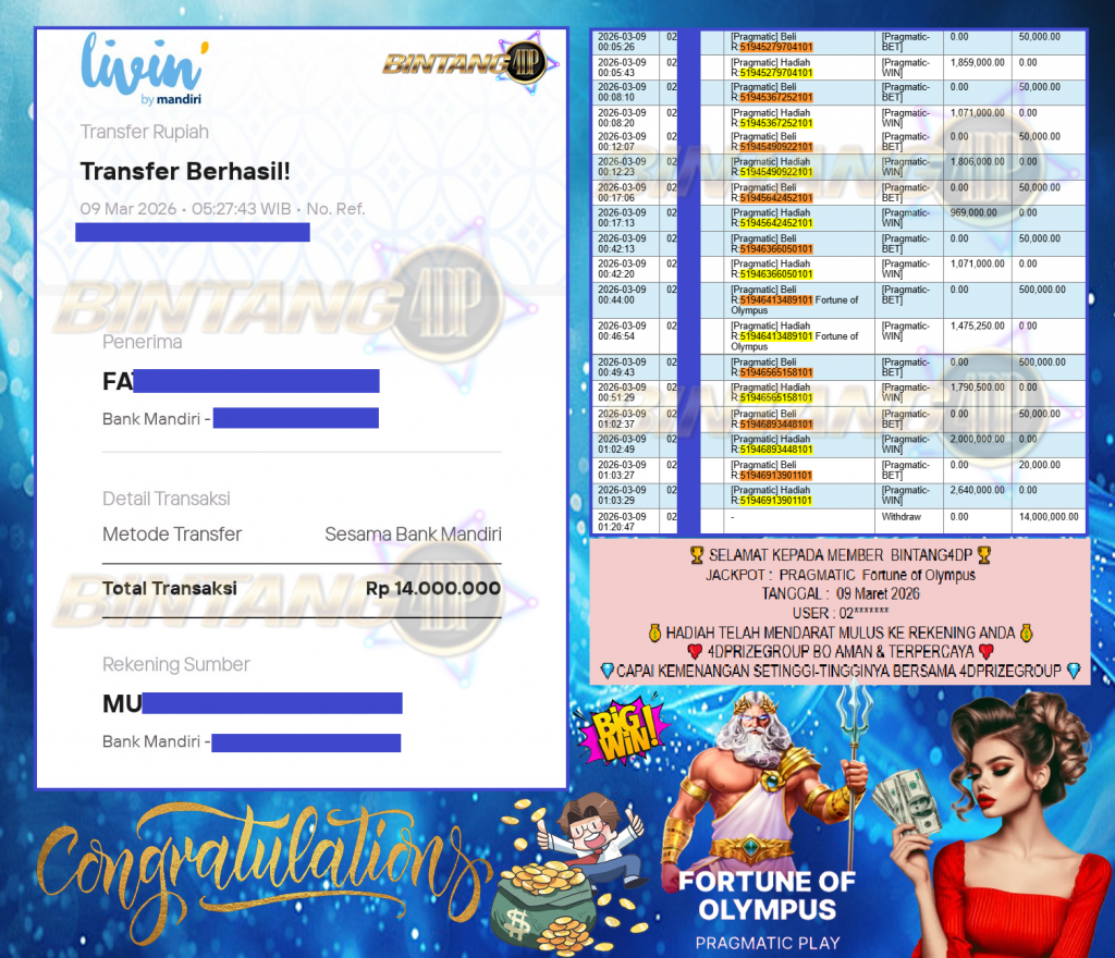 BINTANG4DP JACKPOT PRAGMATIC ” Fortune of Olympus” Rp 14,000,000,- LUNAS