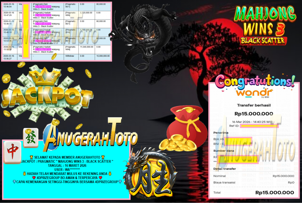 ANUGERAHTOTO JACKPOT PRAGMATIC “MAHJONG WINS 3 – BLACK SCATTER” Rp15.000.000,- LUNAS