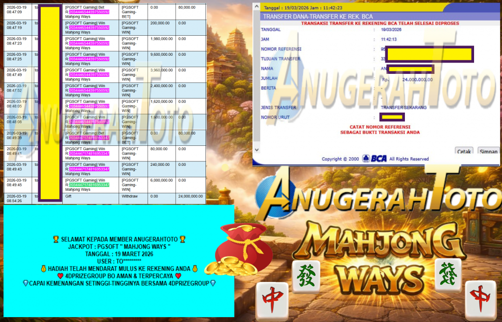ANUGERAHTOTO JACKPOT PGSOFT ”MAHJONG WAYS” Rp 24.000.000,- LUNAS
