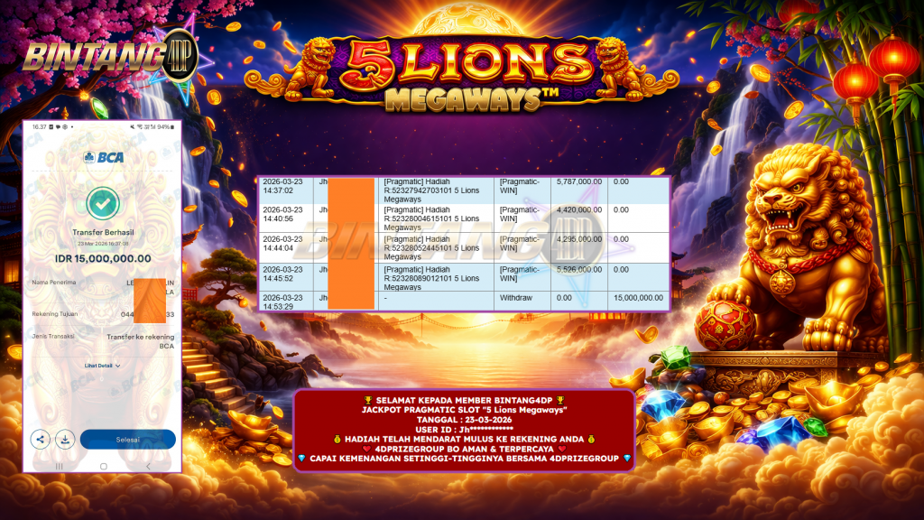 BINTANG4DP JACKPOT PRAGMATIC SLOT “5 Lions Megaways” Rp 15.000.000,- LUNAS